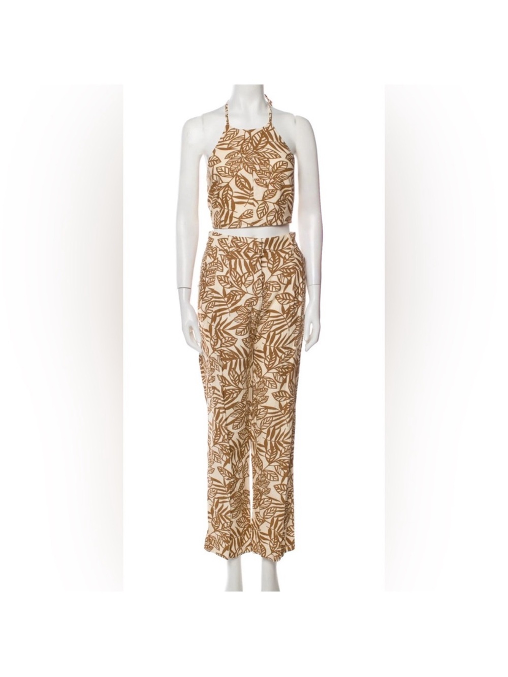 House of Harlow 1960 Cream and Brown Leaf-Print Halter Jumpsuit